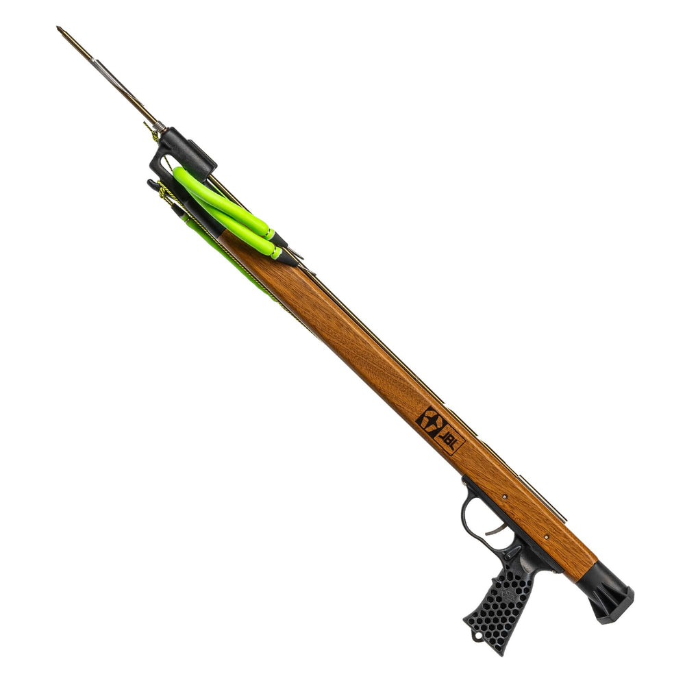 JBL Woody Custom Speargun handle close-up, ergonomic grip for stable aiming.