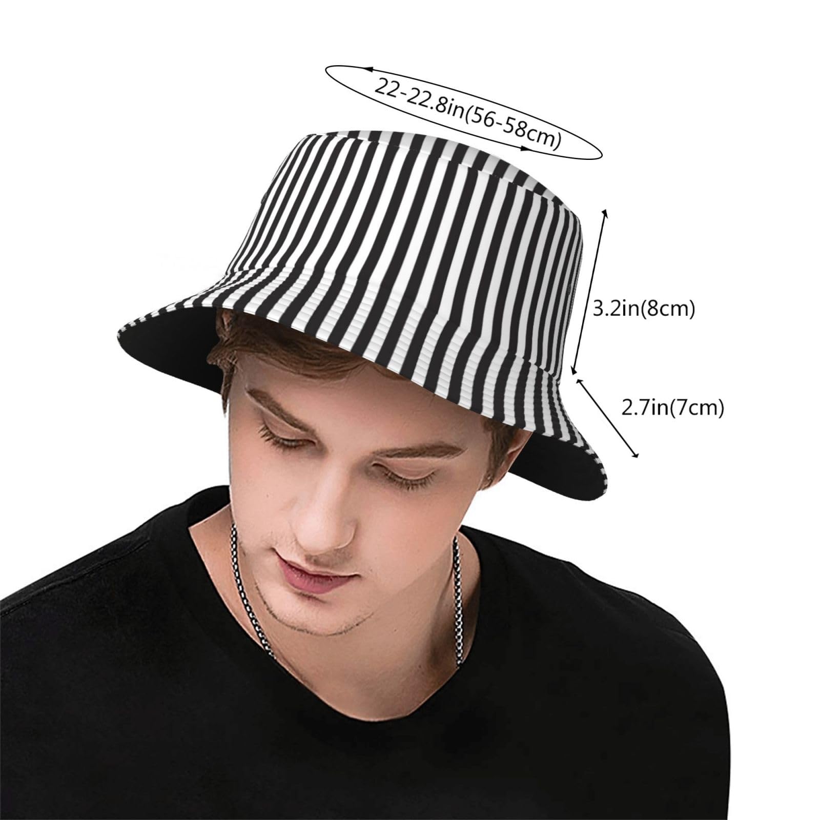 JBYJBX black and white stripe bucket hat, beach view, versatile summer accessory.