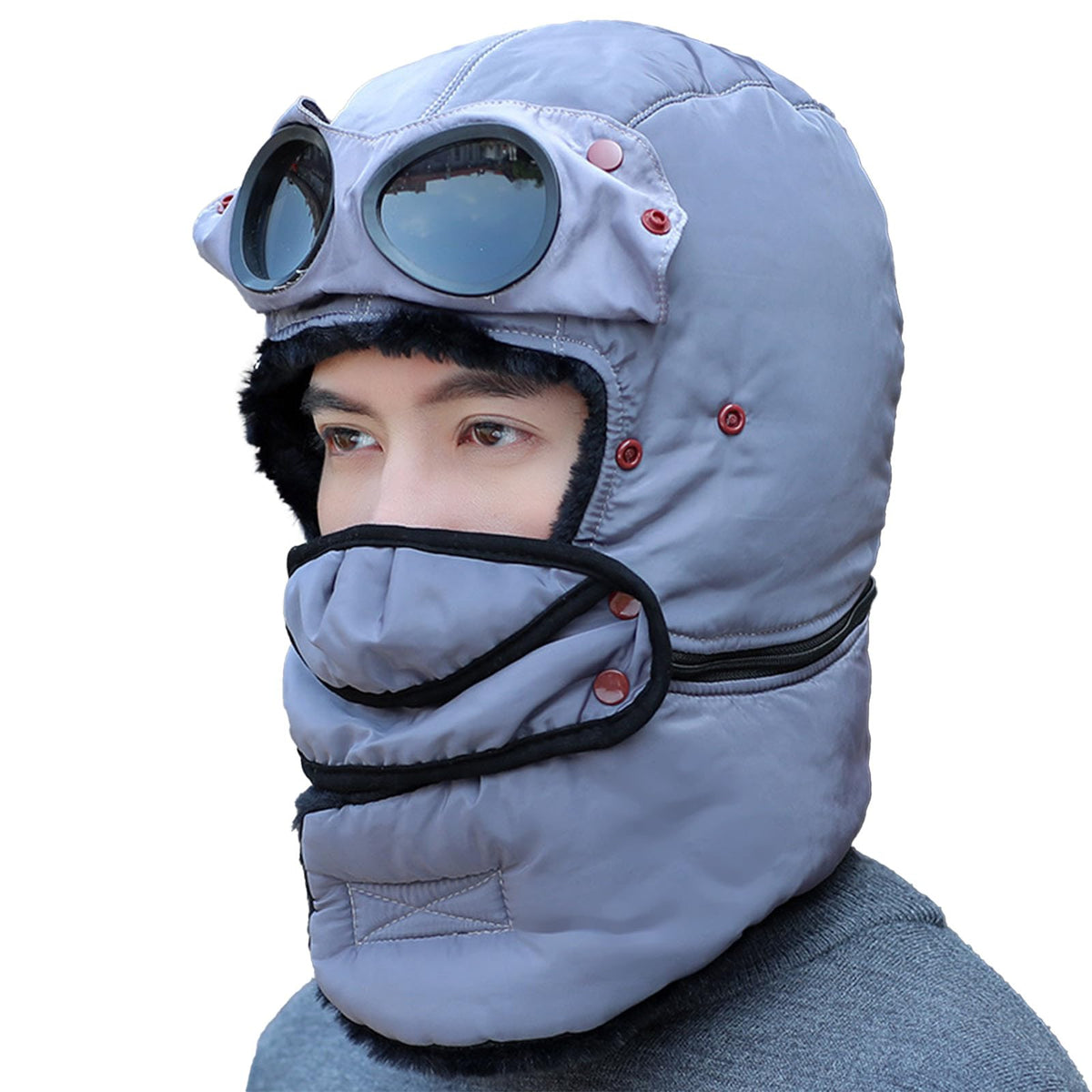 JDIV Winter Thermal Hat with Glasses front view highlighting full head warmth for outdoor activities