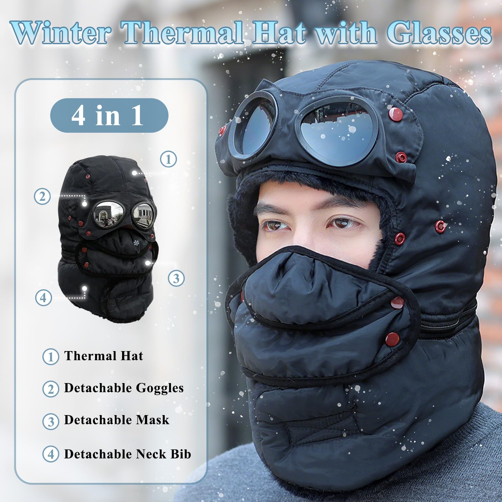 JDIV Winter Thermal Hat with Glasses side view showing windproof silhouette for winter sports