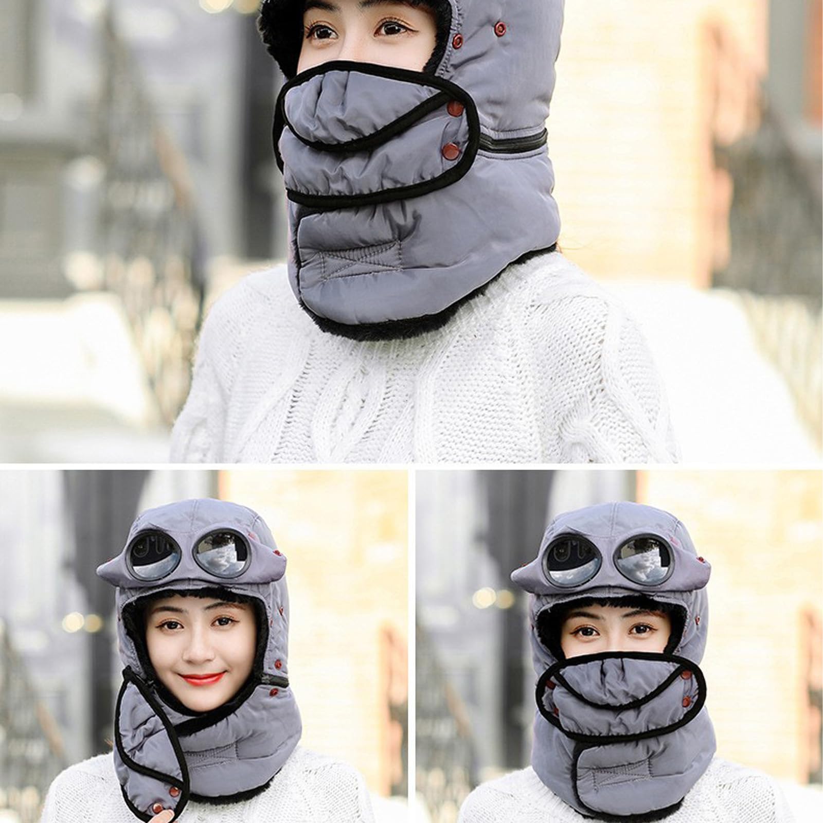 JDIV Winter Thermal Hat with Glasses neck-bib attachment demonstrating neck coverage in cold