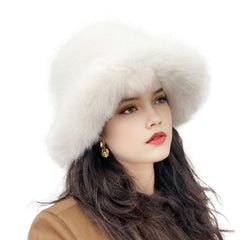 JDYaoYing women's fuzzy bucket hat side angle highlights retro style and warmth