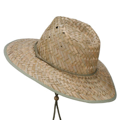 Jeanne Simmons stained straw braid lifeguard hat green side view for outdoor shade
