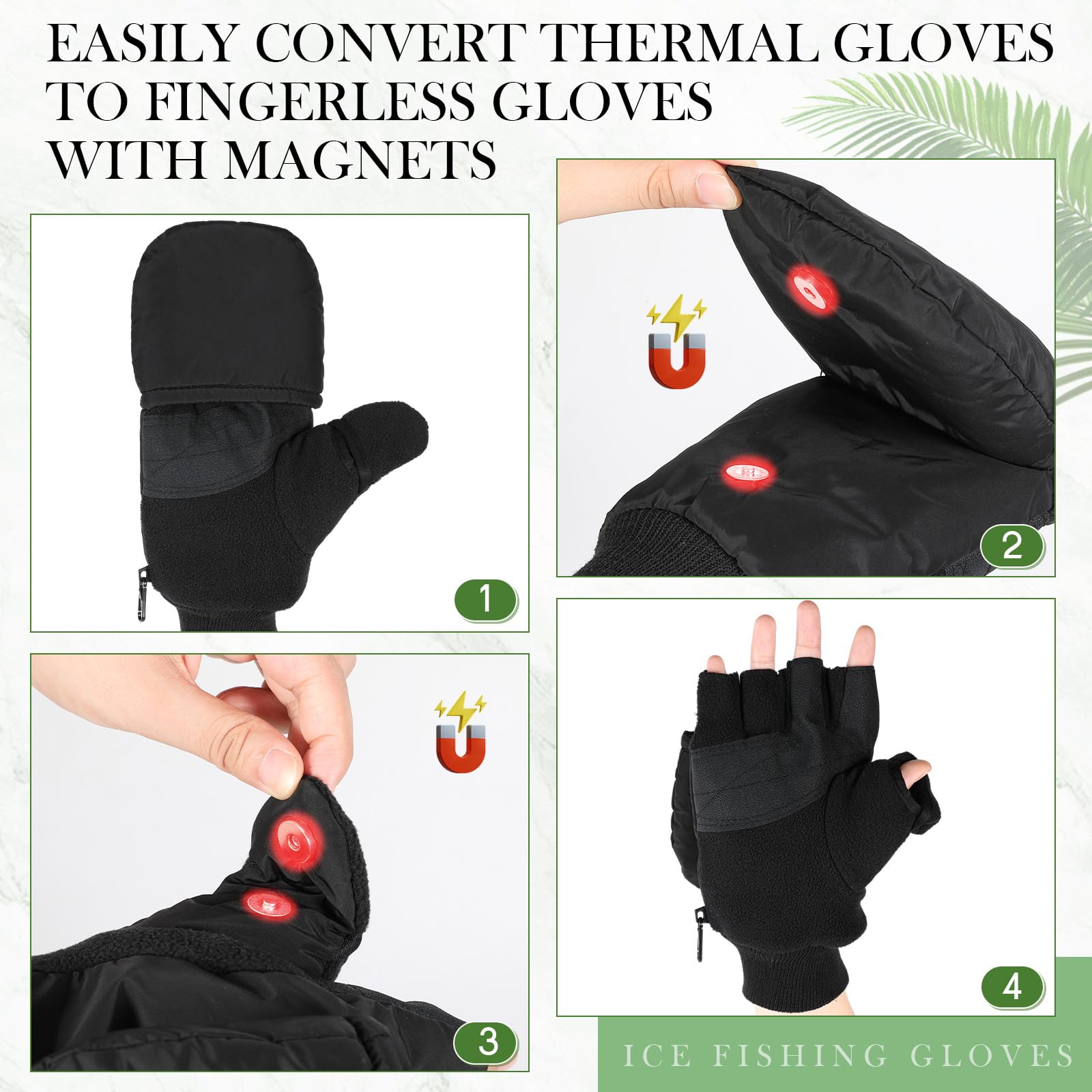 Two black ice fishing gloves laid flat showing palm area