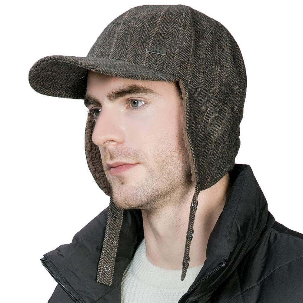 Jeff & Aimy Tweed Wool Hat front view with warmth-enhancing earflaps
