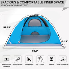JELUCAMP 4-person dome tent blue entrance features D-shaped doors for easy access