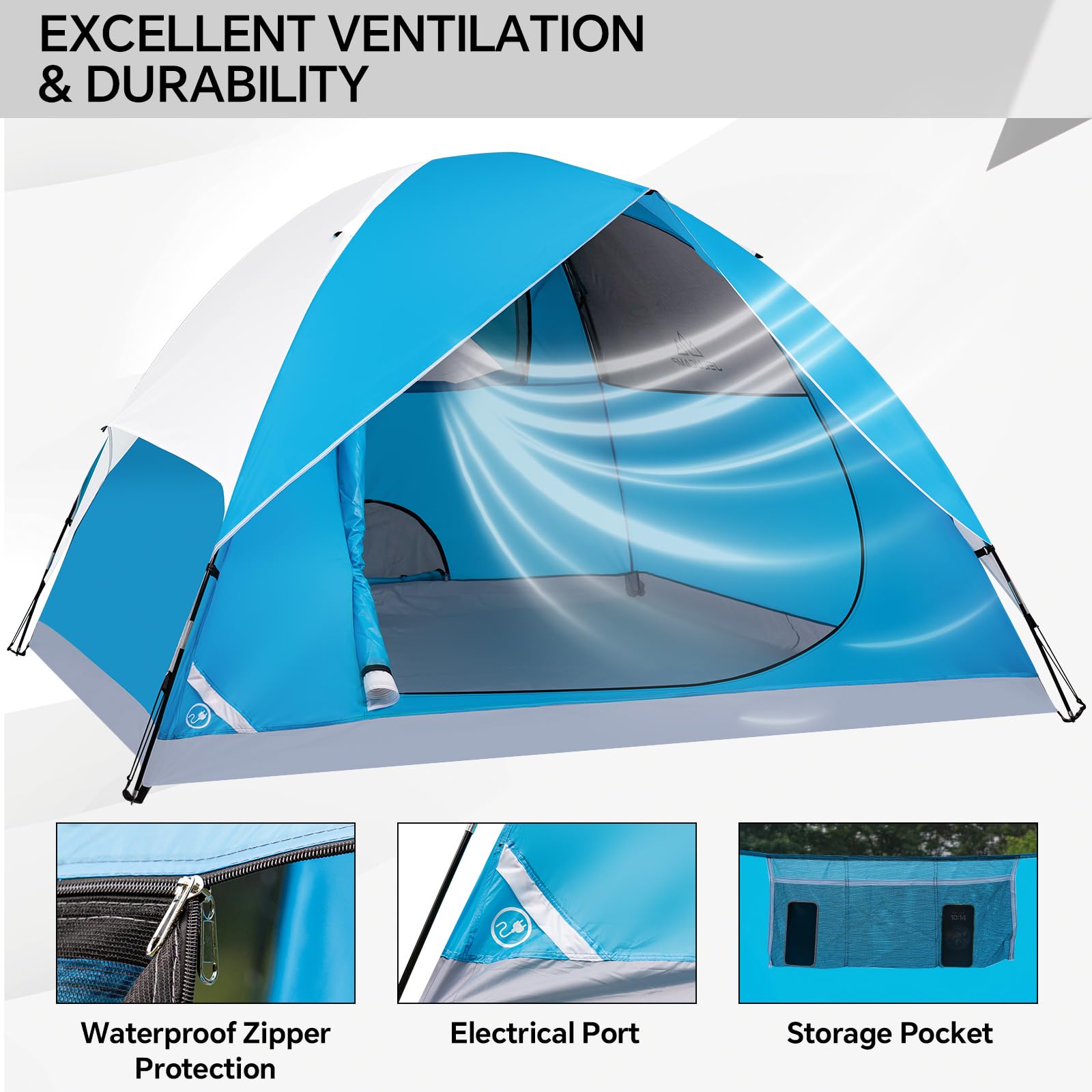 JELUCAMP 4-person dome tent blue mesh ventilation panels promote breathable comfort