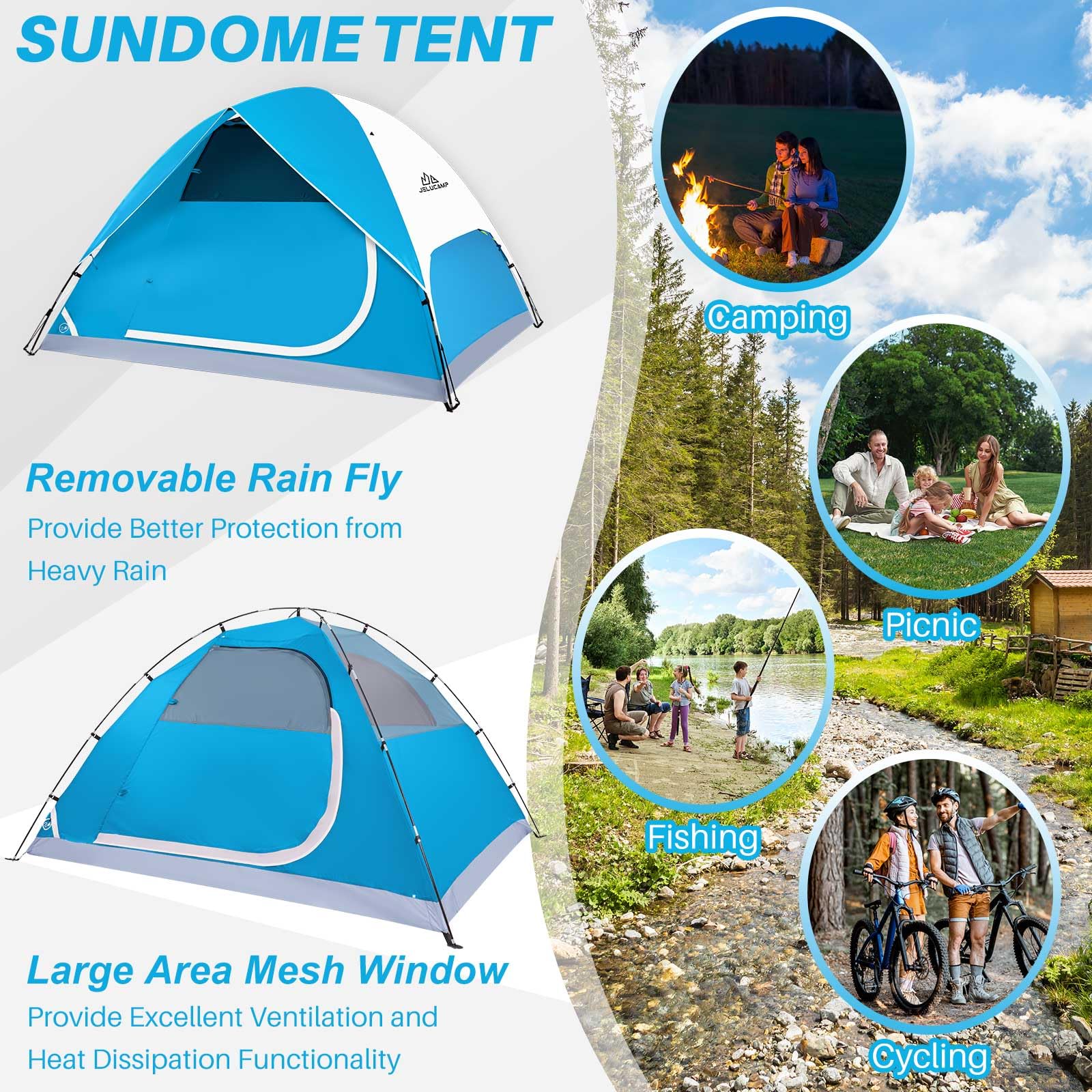 JELUCAMP 4-person dome tent blue PU3000mm waterproof rating shields against moisture