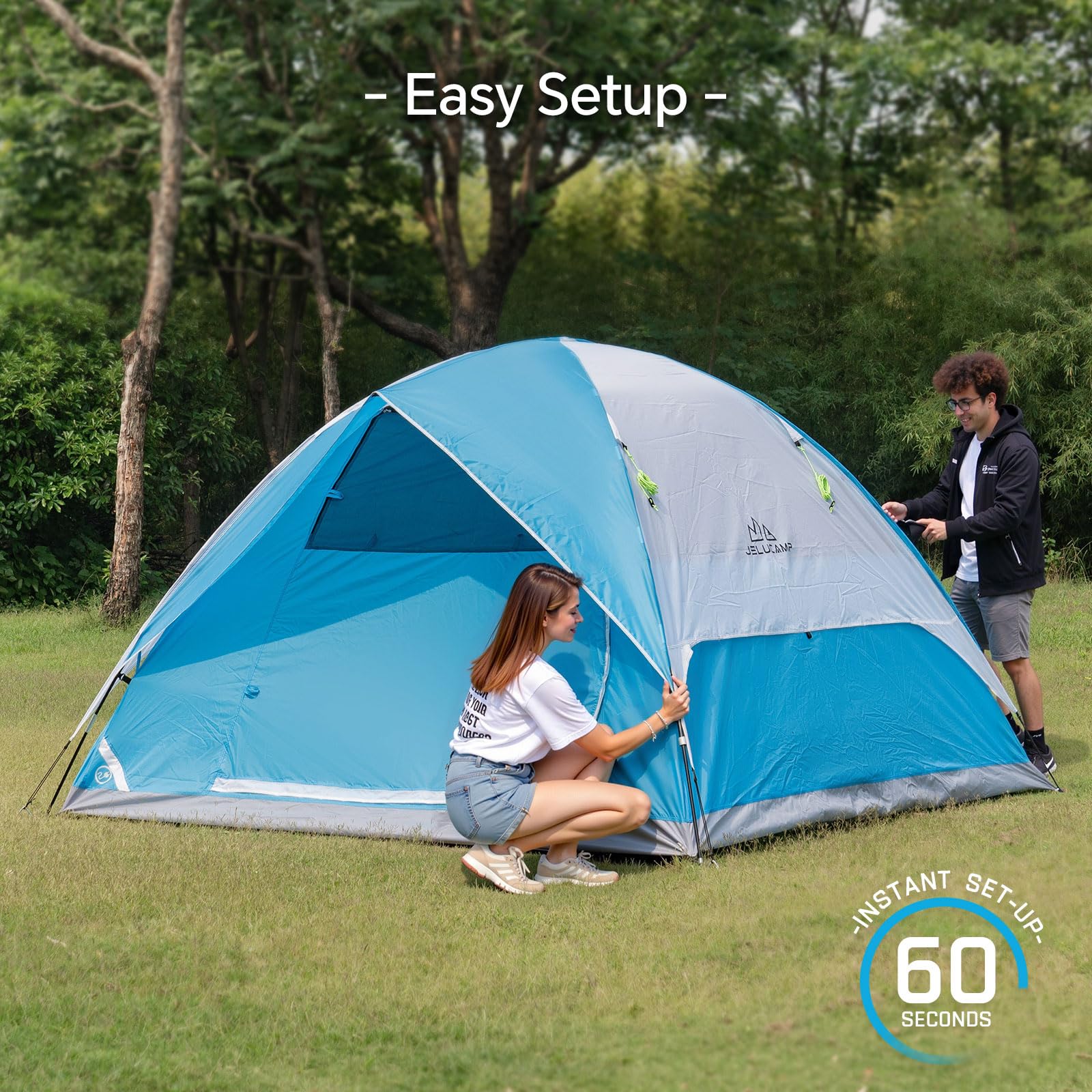JELUCAMP 4-person dome tent blue quick setup within minutes saves planning time