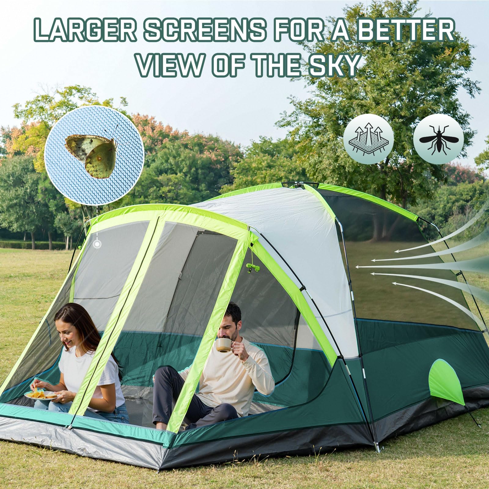 JELUCAMP full-mesh walls provide airflow and 360-degree views.