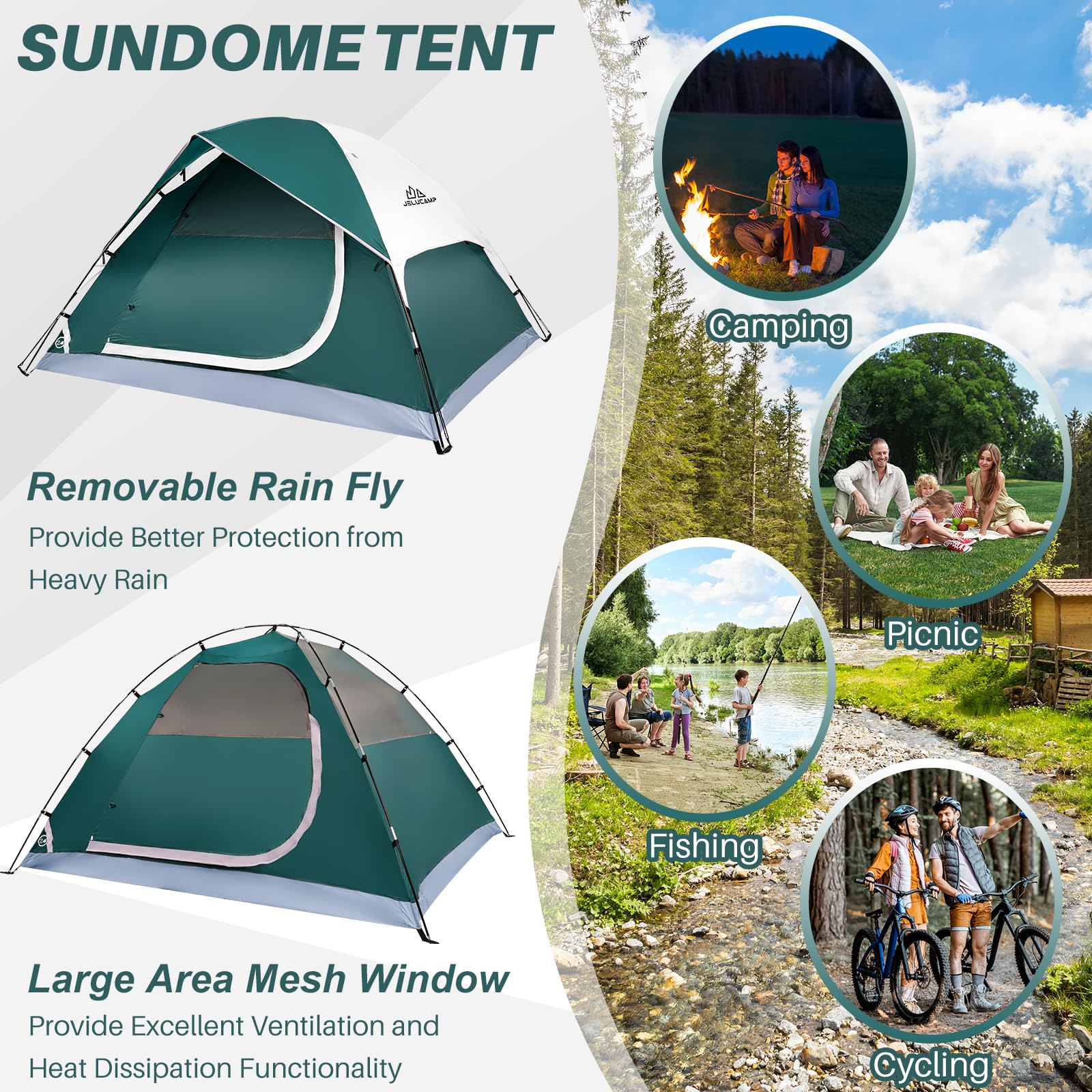 JELUCAMP waterproof dome tent in rainy scene highlights weather protection.