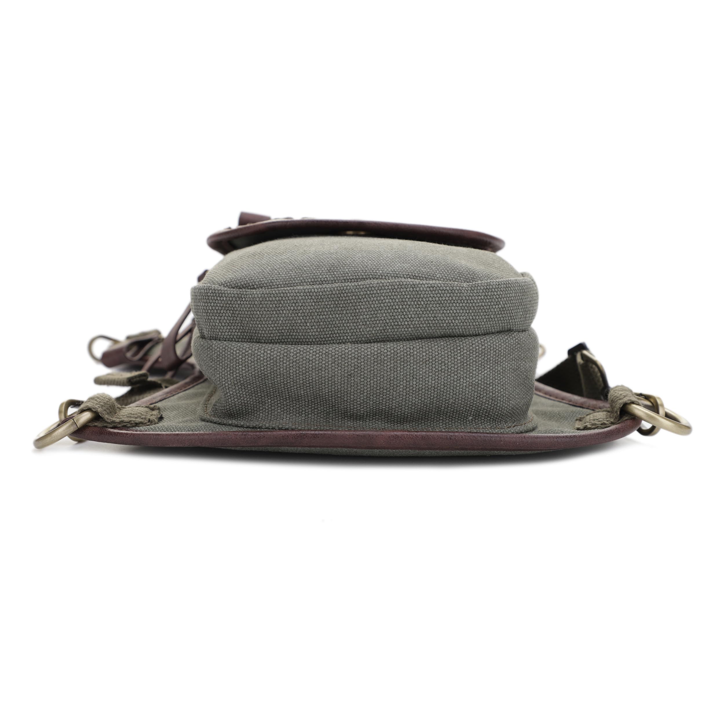 Olive canvas with reinforced stitching emphasizes durability.