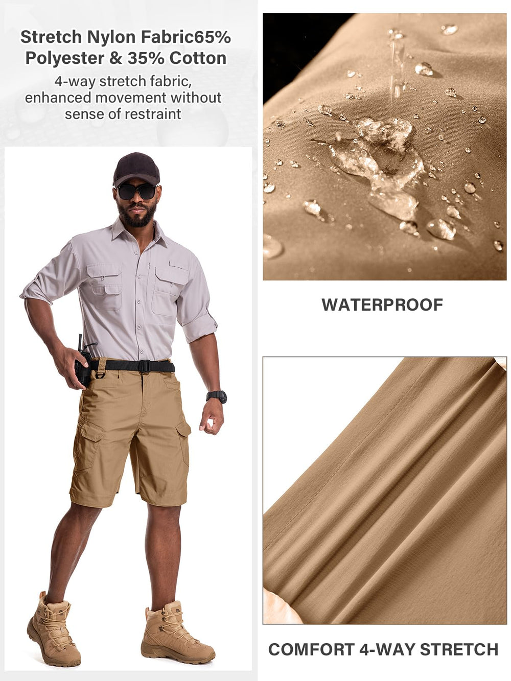Jessie Kidden mens tactical shorts in action during hiking demonstrating mobility