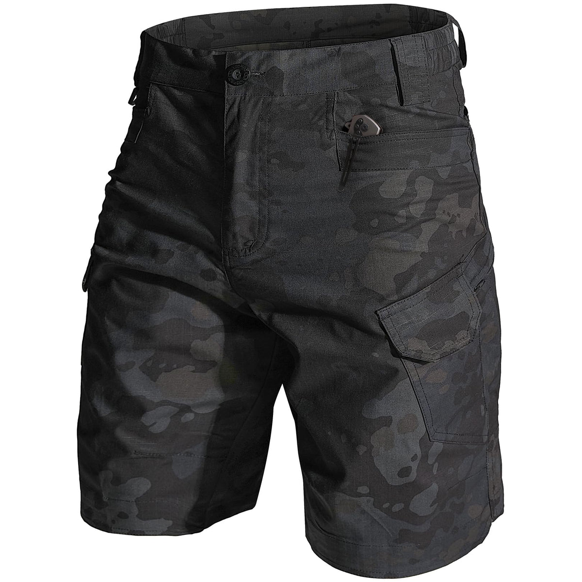 Jessie Kidden men's tactical stretch shorts front view show durable rip-stop fabric for rugged outdoor wear.