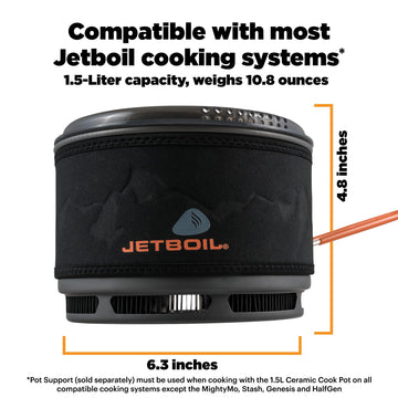 Jetboil 1.5L pot with folding handle ready for compact backpacking meals.