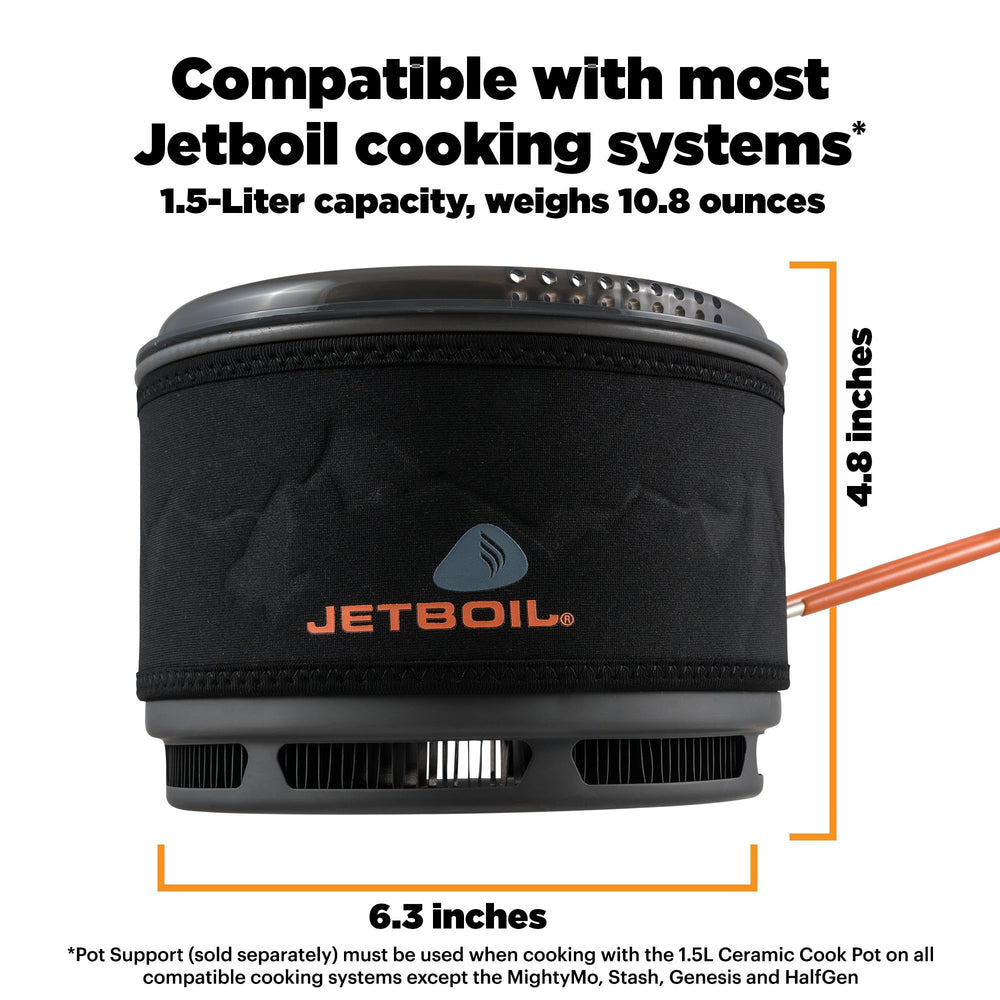 Jetboil 1.5L pot with folding handle ready for compact backpacking meals.