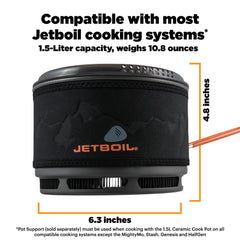 Jetboil 1.5L pot with folding handle ready for compact backpacking meals.