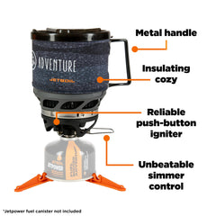 Jetboil Adventurous MiniMo adjustable heat control in action for precise cooking on trail.