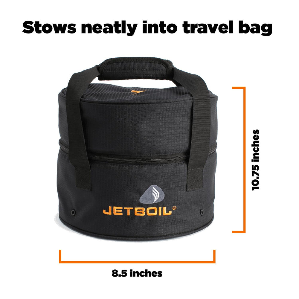 Compact carry bag neatly stores the stove components for travel.