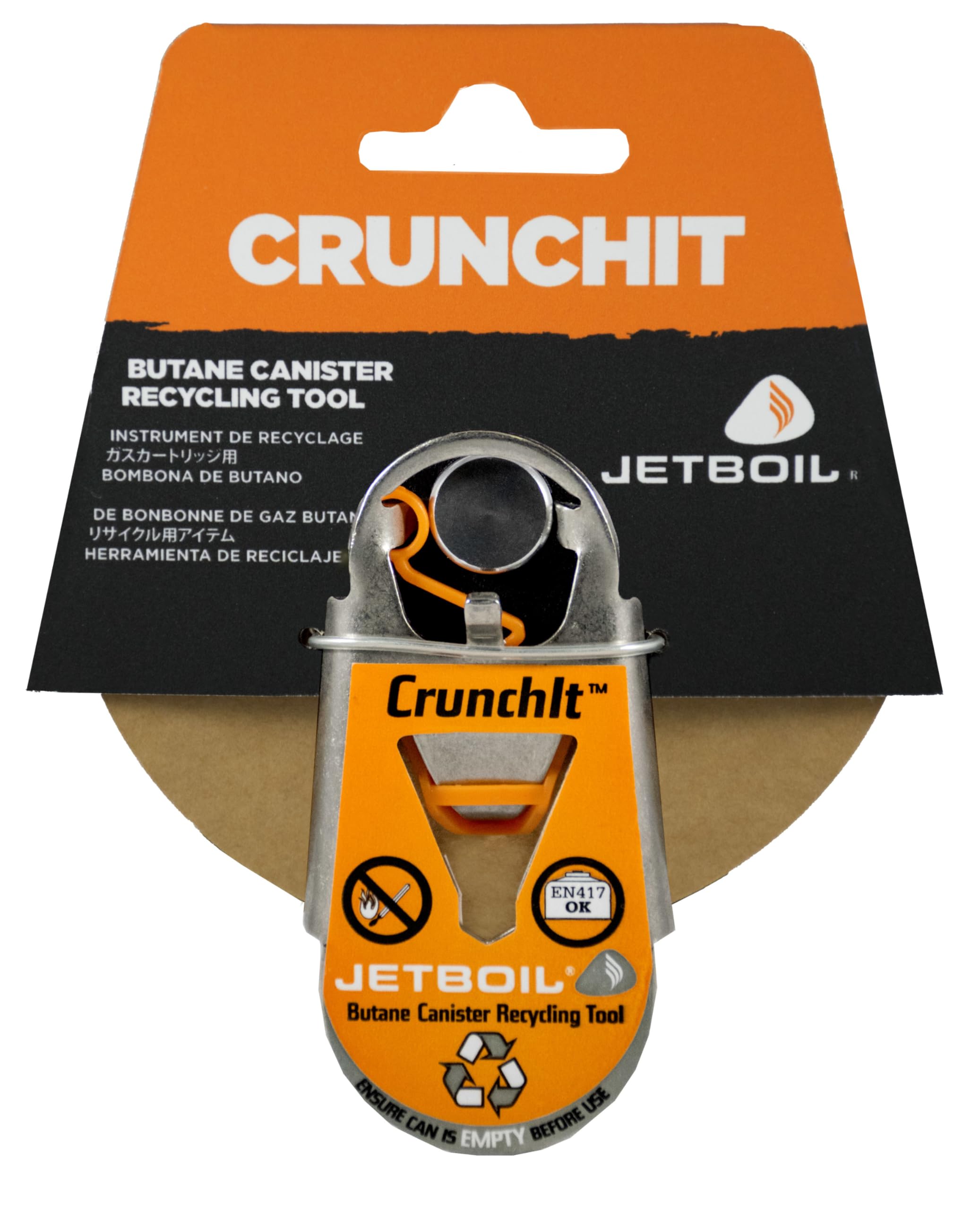 Jetboil CrunchIt demonstrates puncturing a JetPower canister to enable recycling.