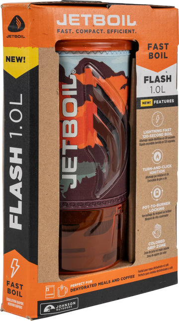 Jetboil Flash 1.0L with cozy and color-changing heat indicator.