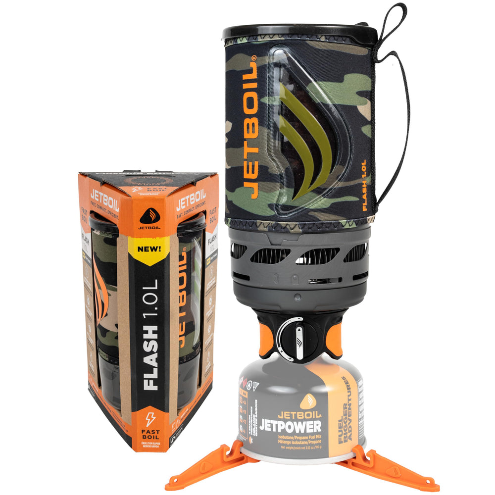 Jetboil Flash 1L ignition demonstrates quick one-step lighting for fast outdoor coffee.