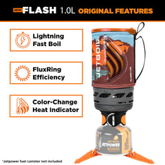 Jetboil Flash boils 16 oz water in about two minutes for hot drinks.