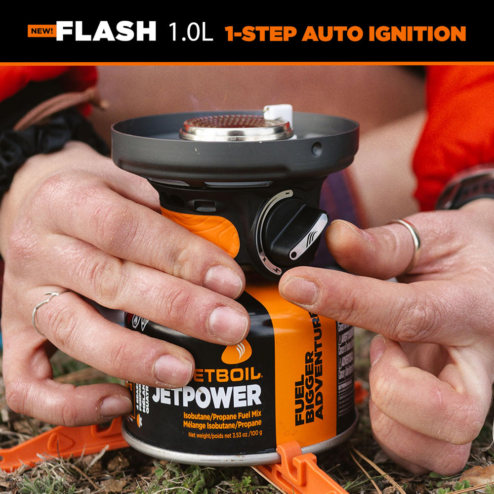 Jetboil Flash locking system secures the pot to burner on uneven terrain.