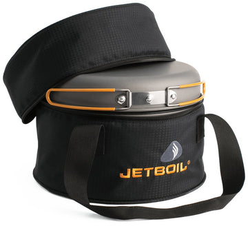 Jetboil Genesis ceramic-coated 10-inch fry pan for easy nonstick cooking.
