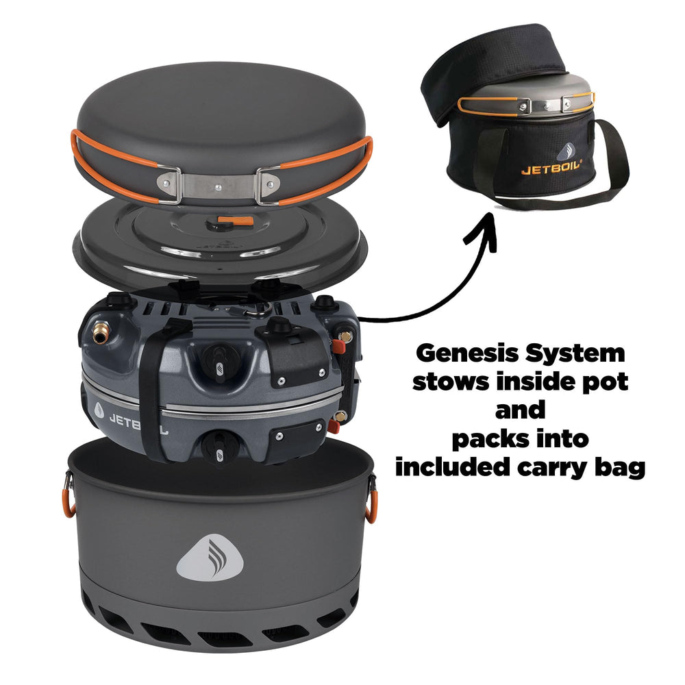 Jetboil Genesis cooking system assembled for versatile camp cooking.