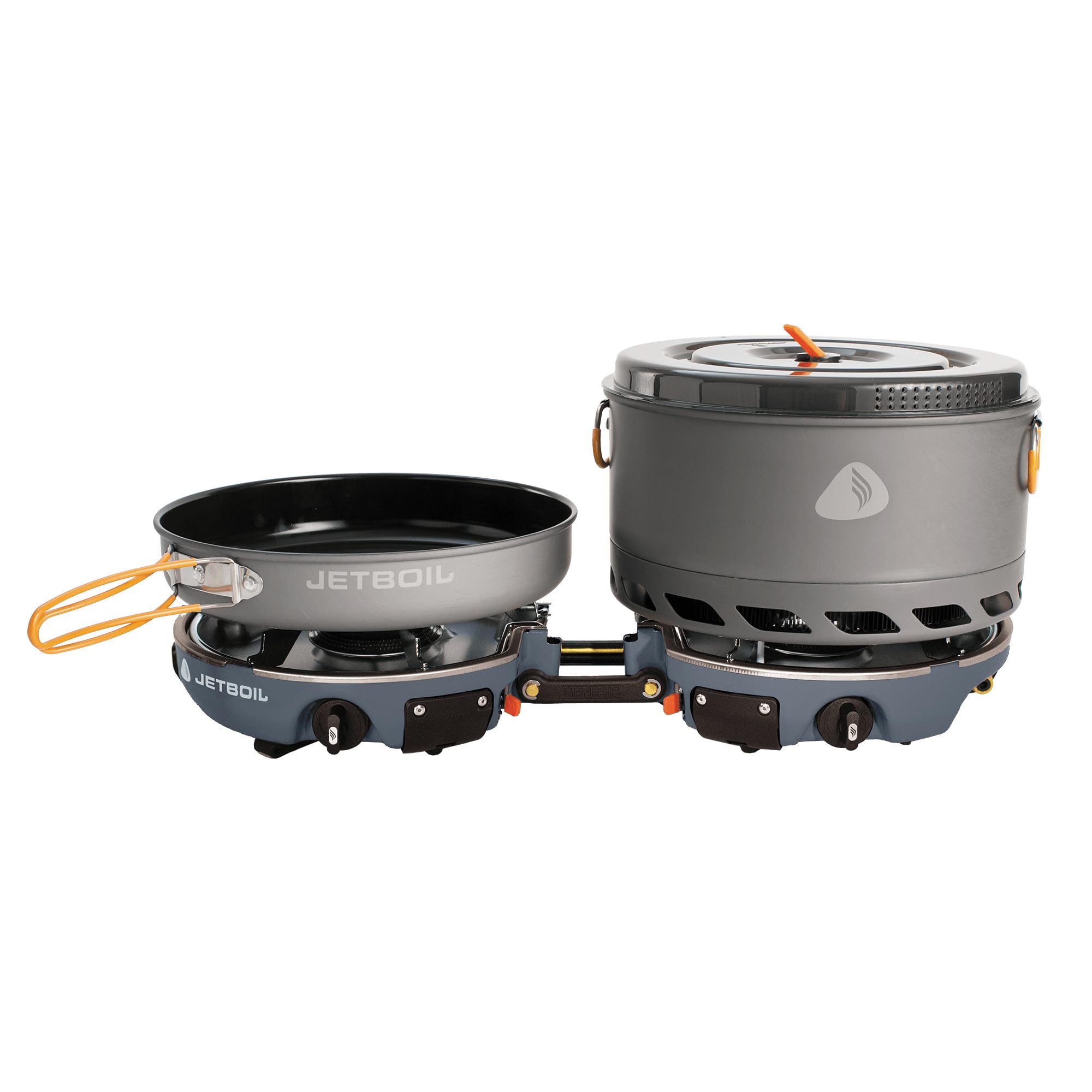 Jetboil Genesis dual-burner stove set up for fast backcountry meals.