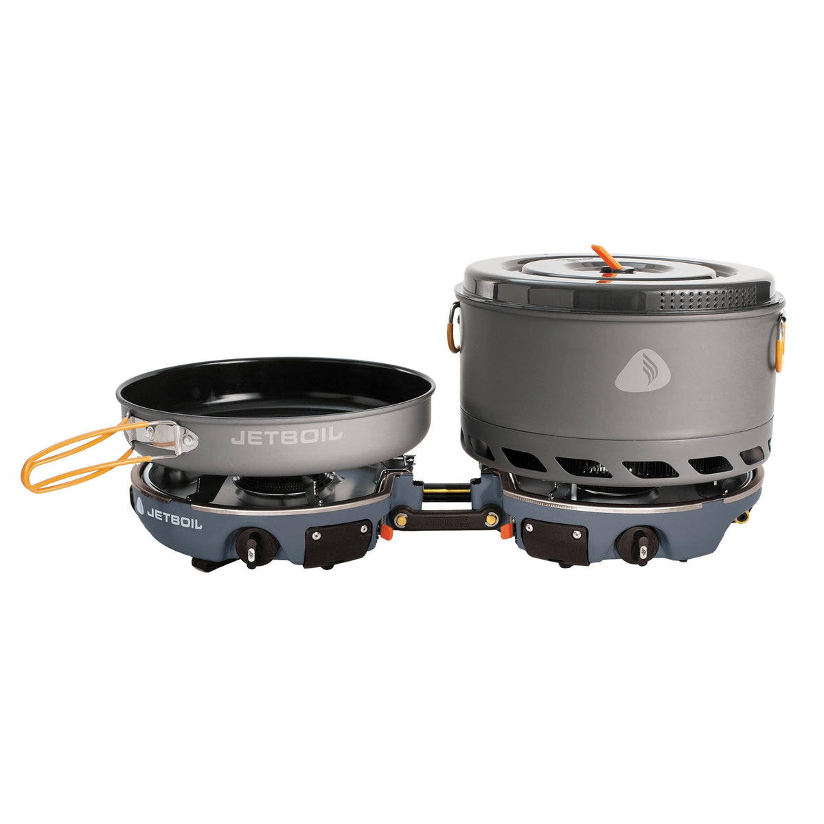 Jetboil Genesis dual-burner stove set up for fast backcountry meals.