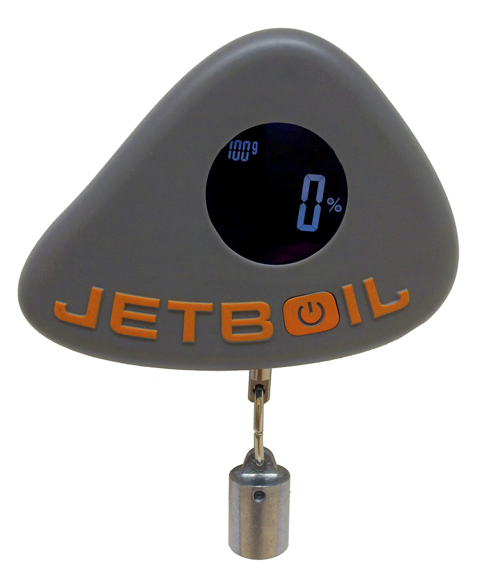 Jetboil JetGauge digital fuel display shows remaining canister levels for planning trips.