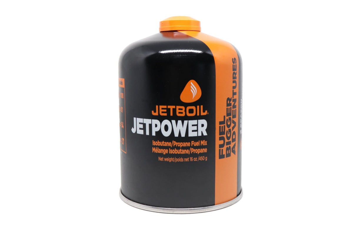 Jetboil JetPower fuel canister, front view, efficient outdoor cooking in all conditions.