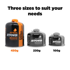Jetboil JetPower fuel canister, pack-size view, ideal for compact backpacking setups.