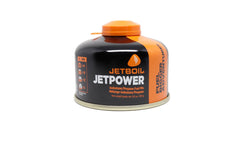 Jetboil JetPower 100 g canister shown in compact form for backpacking fuel efficiency.
