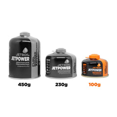 Jetboil JetPower fuel canister compact pack for lightweight camping.