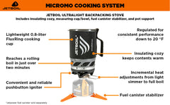 Jetboil MicroMo 0.8L cooking cup with cozy supports quick, warm beverages on hikes.