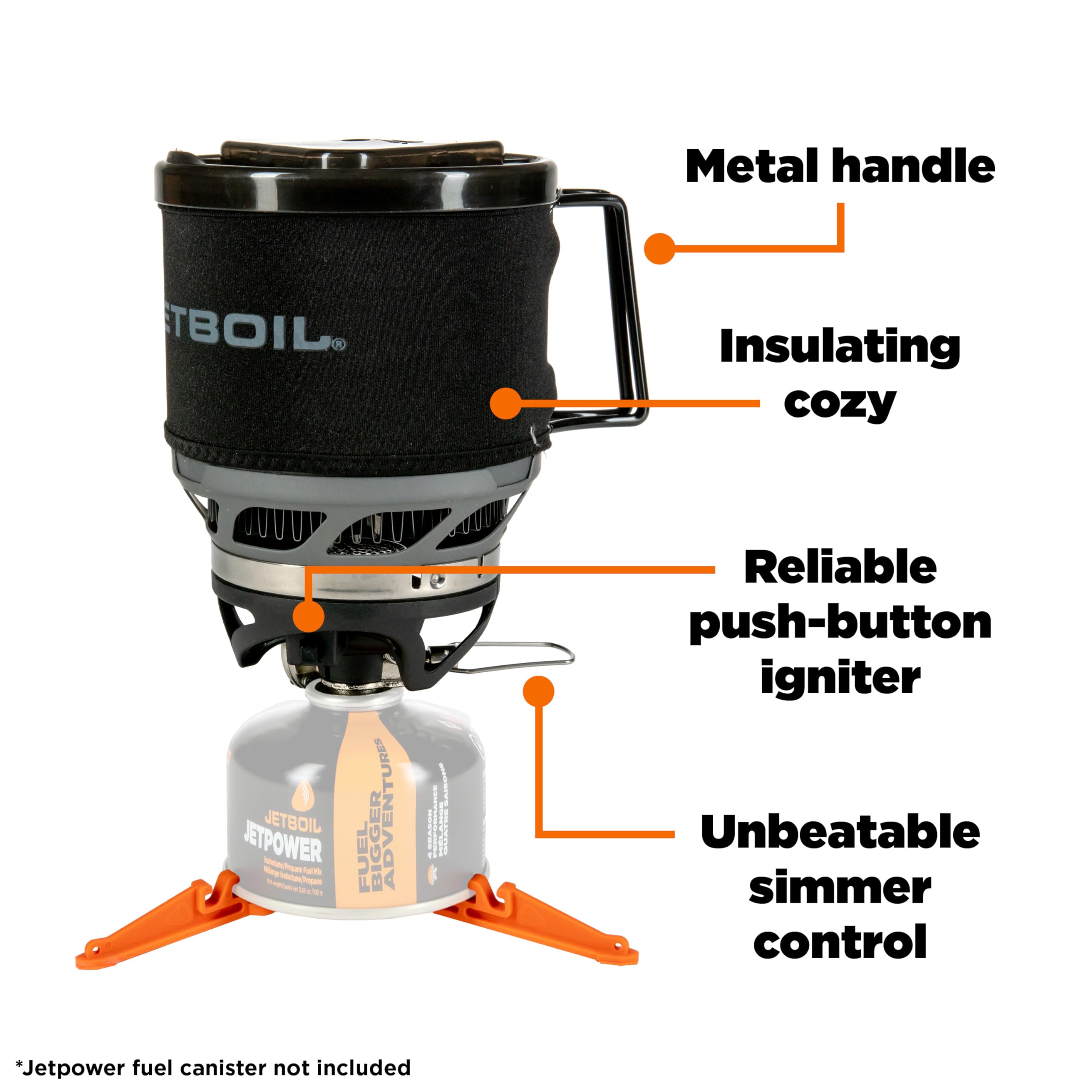 Jetboil MiniMo fuel-stabilizer keeps the stove steady in breezy camps.