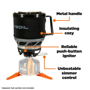 Jetboil MiniMo fuel-stabilizer keeps the stove steady in breezy camps.