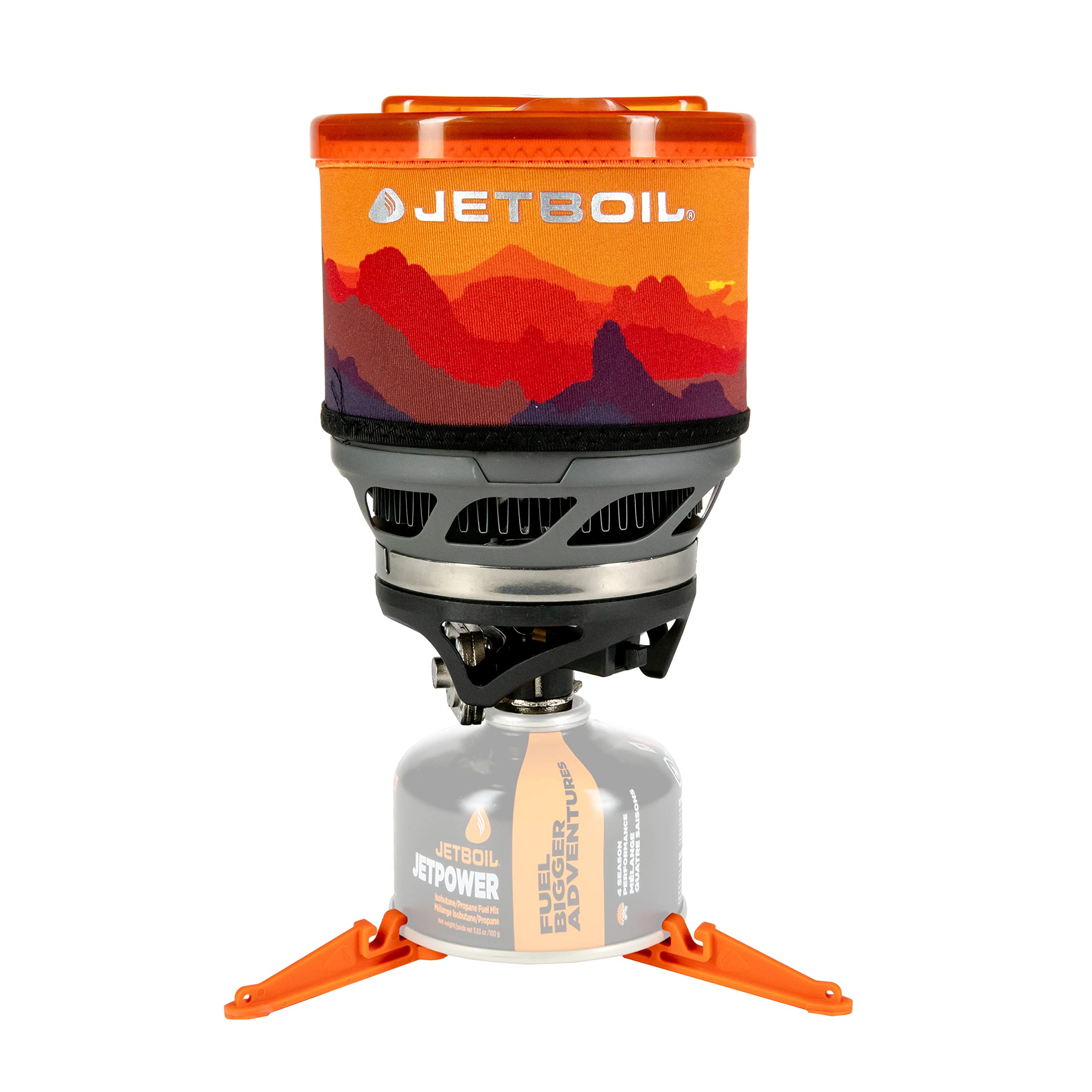 Jetboil MiniMo Sunset front view shows compact system ready for quick meals on trail.