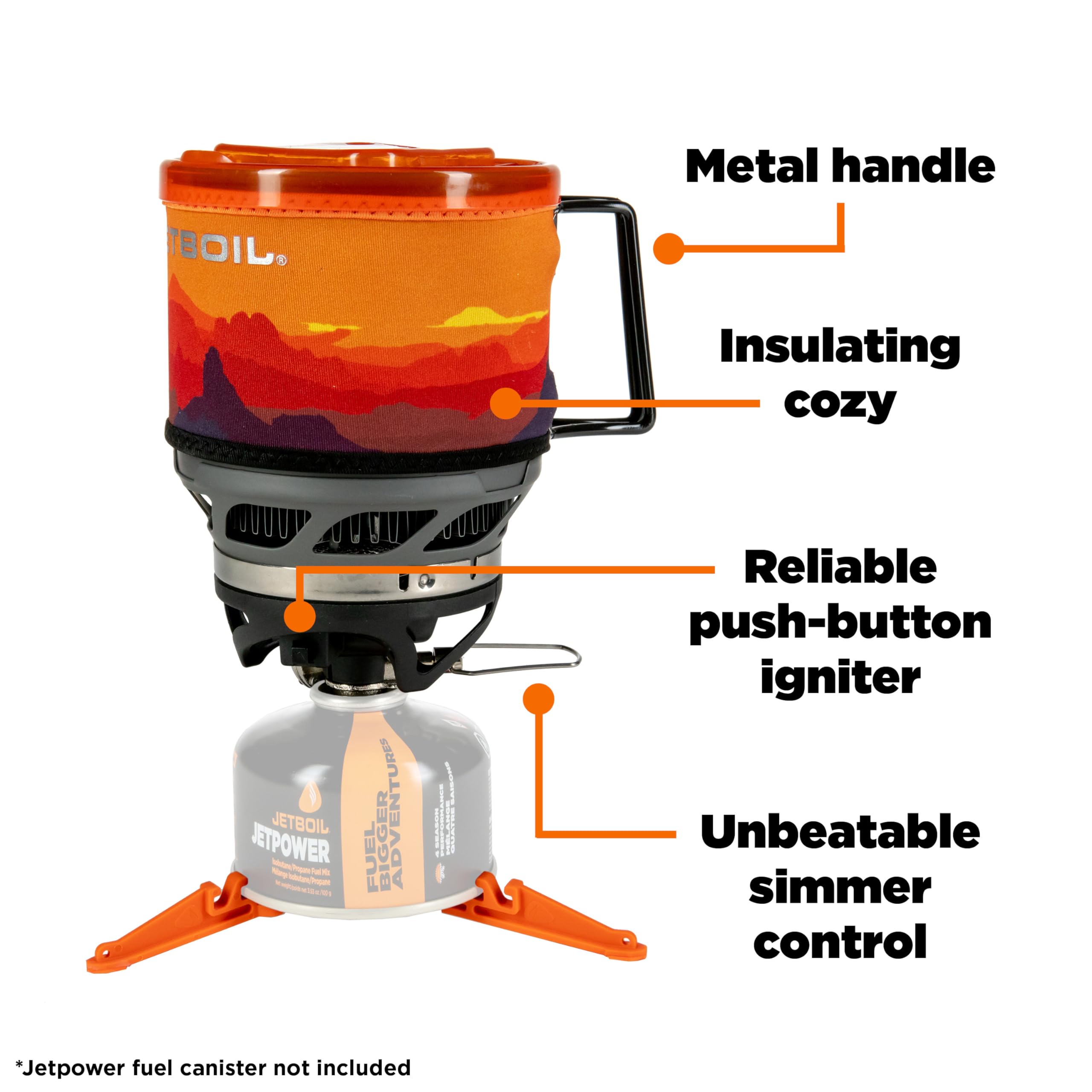 Jetboil MiniMo Sunset side-burner-storage design saves space in packs.