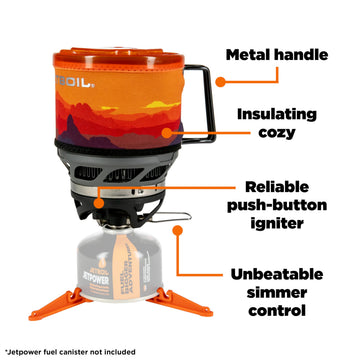 Jetboil MiniMo Sunset side-burner-storage design saves space in packs.