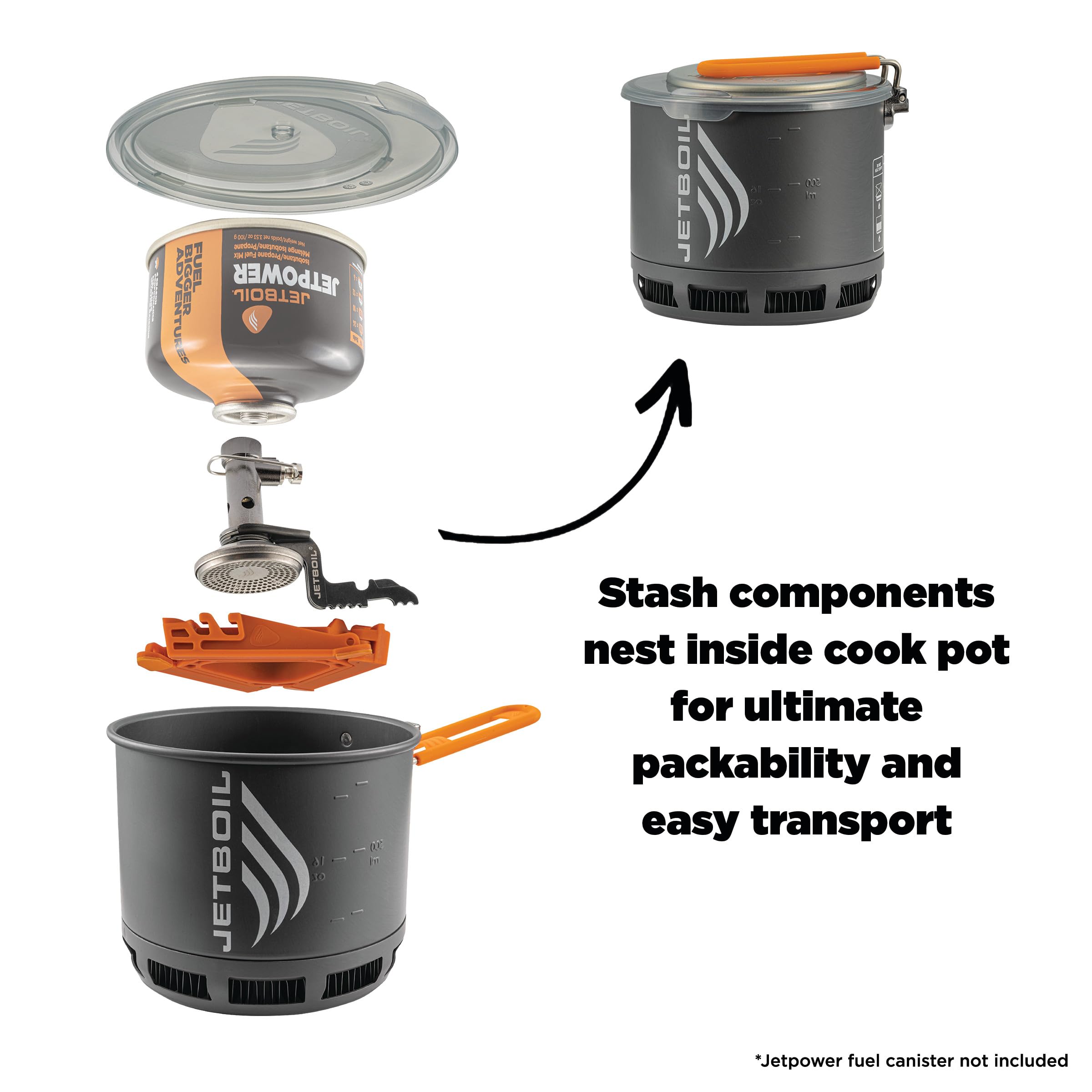 Jetboil Stash 0.8L pot with built in markers aids precise portions.