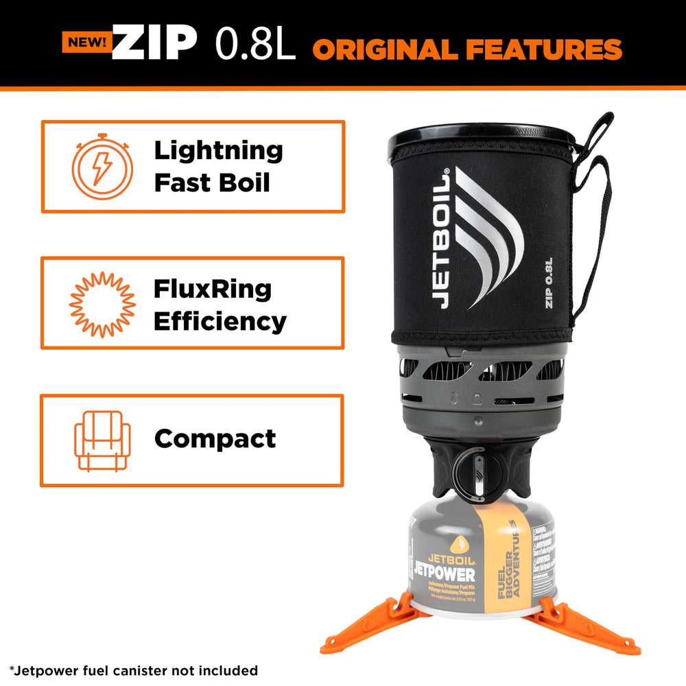 Jetboil Zip boils 16 oz water in about 2 minutes for quick meals.