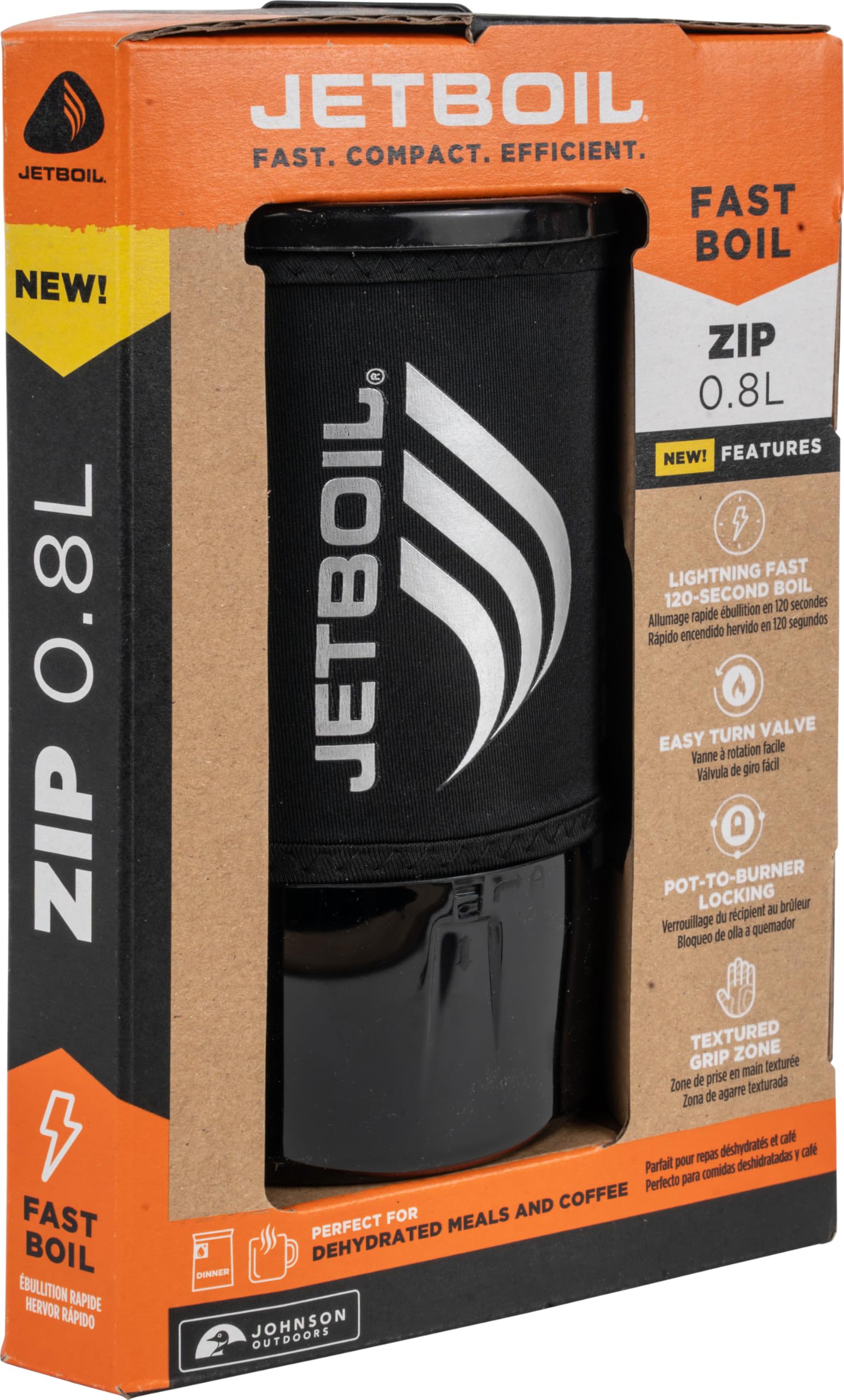 Jetboil Zip compact system packs into 0.8L cup for lightweight backpacking.