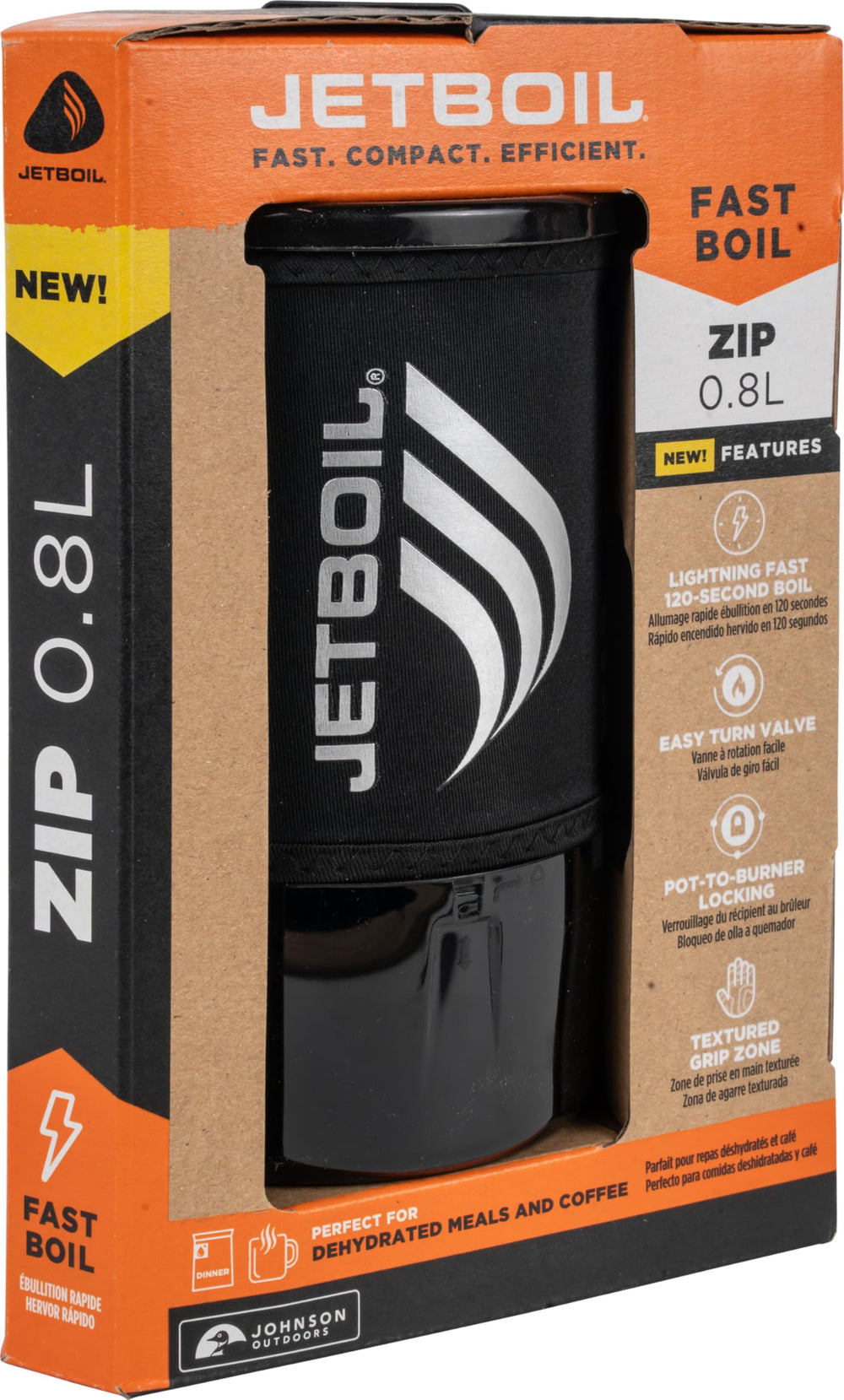 Jetboil Zip compact system packs into 0.8L cup for lightweight backpacking.