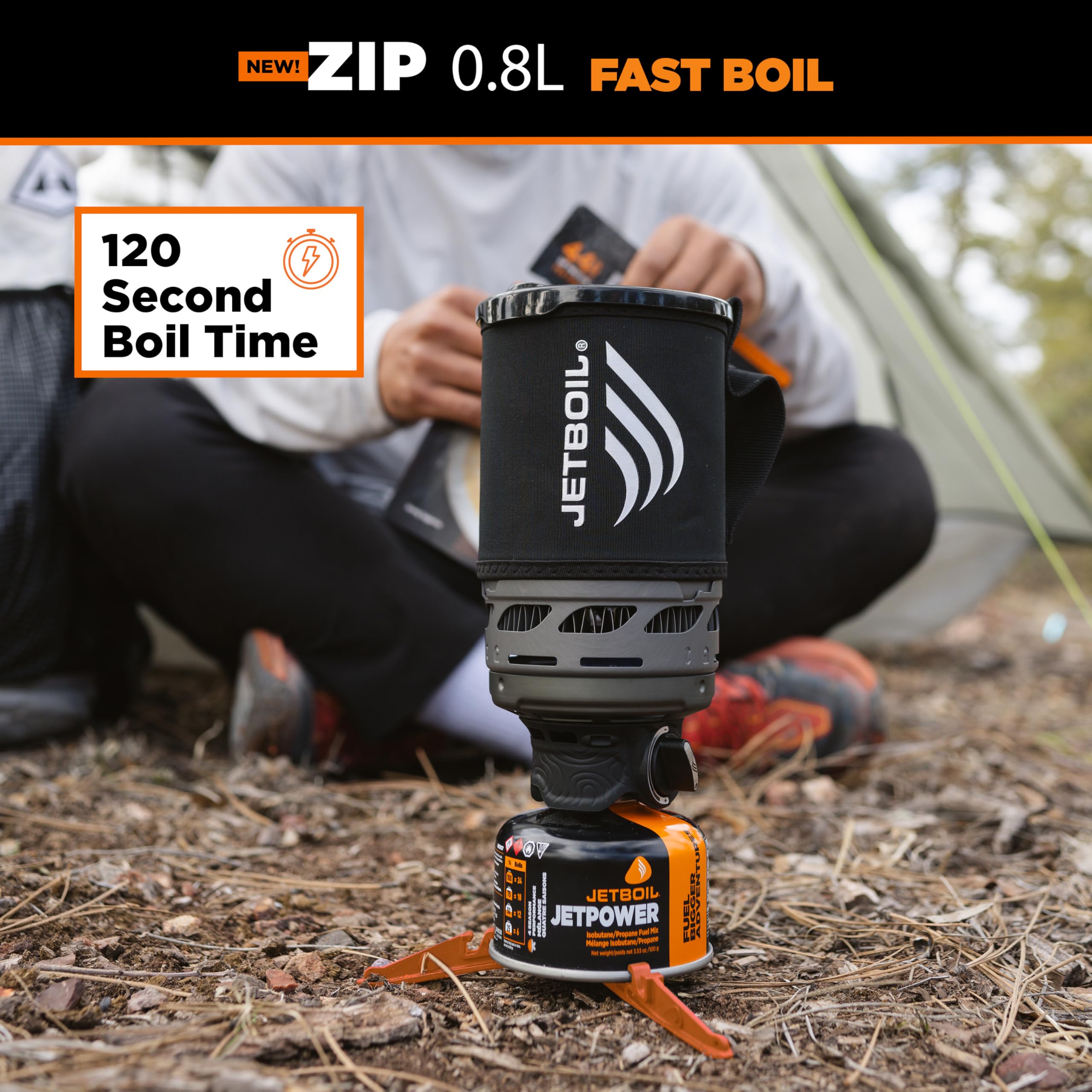 Jetboil Zip cooking cup with insulated cozy keeps water hot longer.