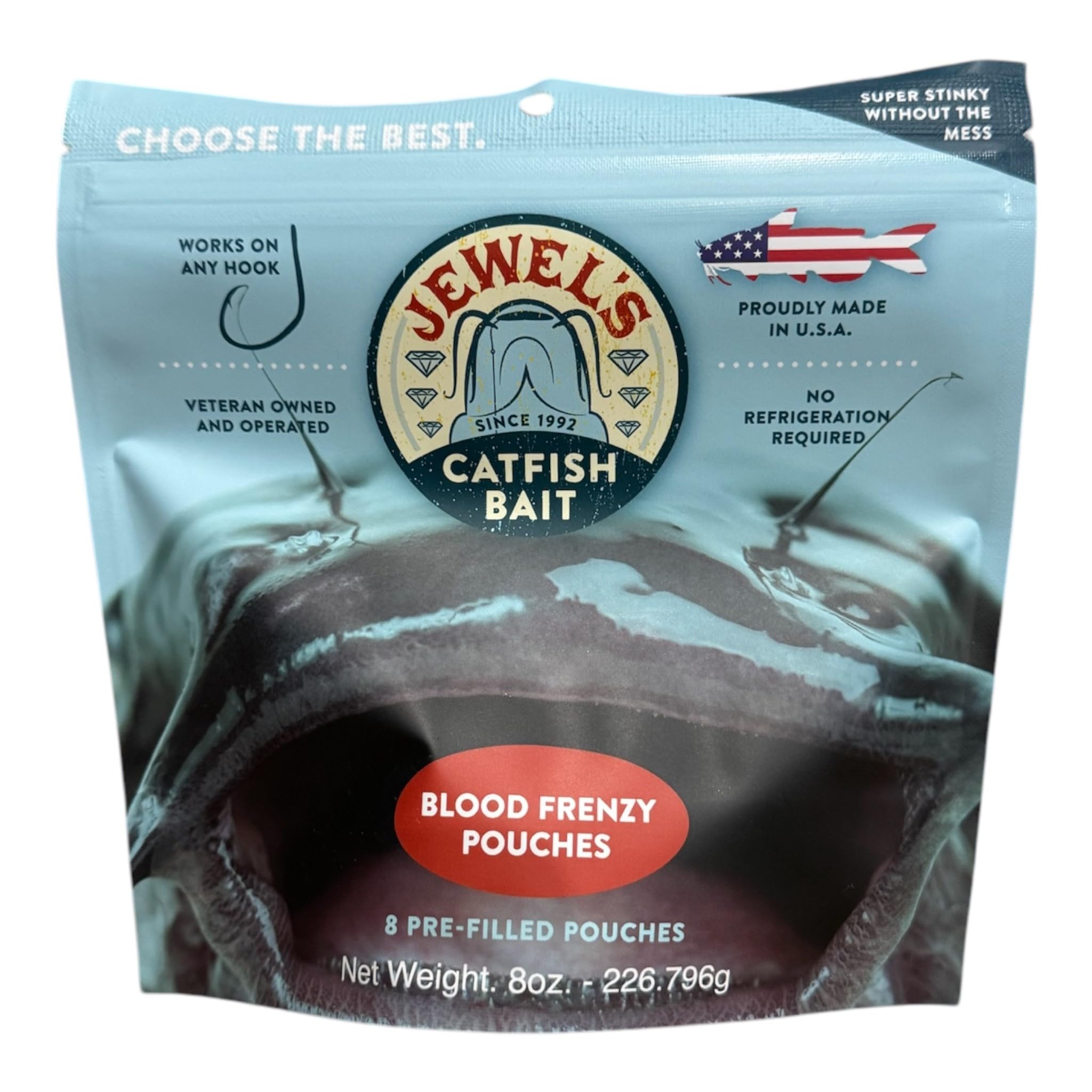 Jewels Catfish Bait Blood Frenzy Pouch on hook; irresistible scent attracts catfish quickly.