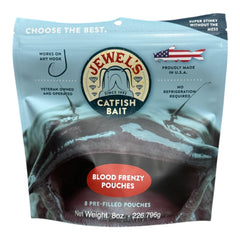 Jewels Catfish Bait Blood Frenzy Pouch on hook; irresistible scent attracts catfish quickly.